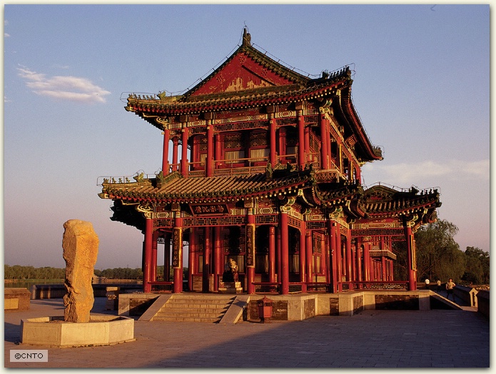 Sunset at a pavillion of the new Summer Palace, Beijing, China